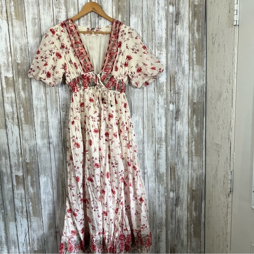 Free People Lysette Floral Maxi Dress Boho Cottagecore Tie Front XS - Picture 2 of 9